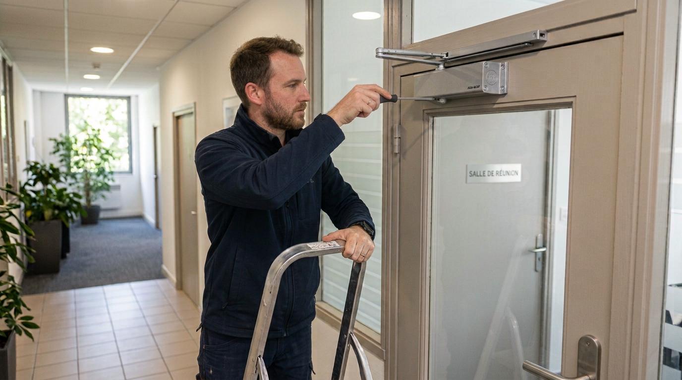Serrurier professionnel remplaçant un ferme-porte sur une porte à Rennes