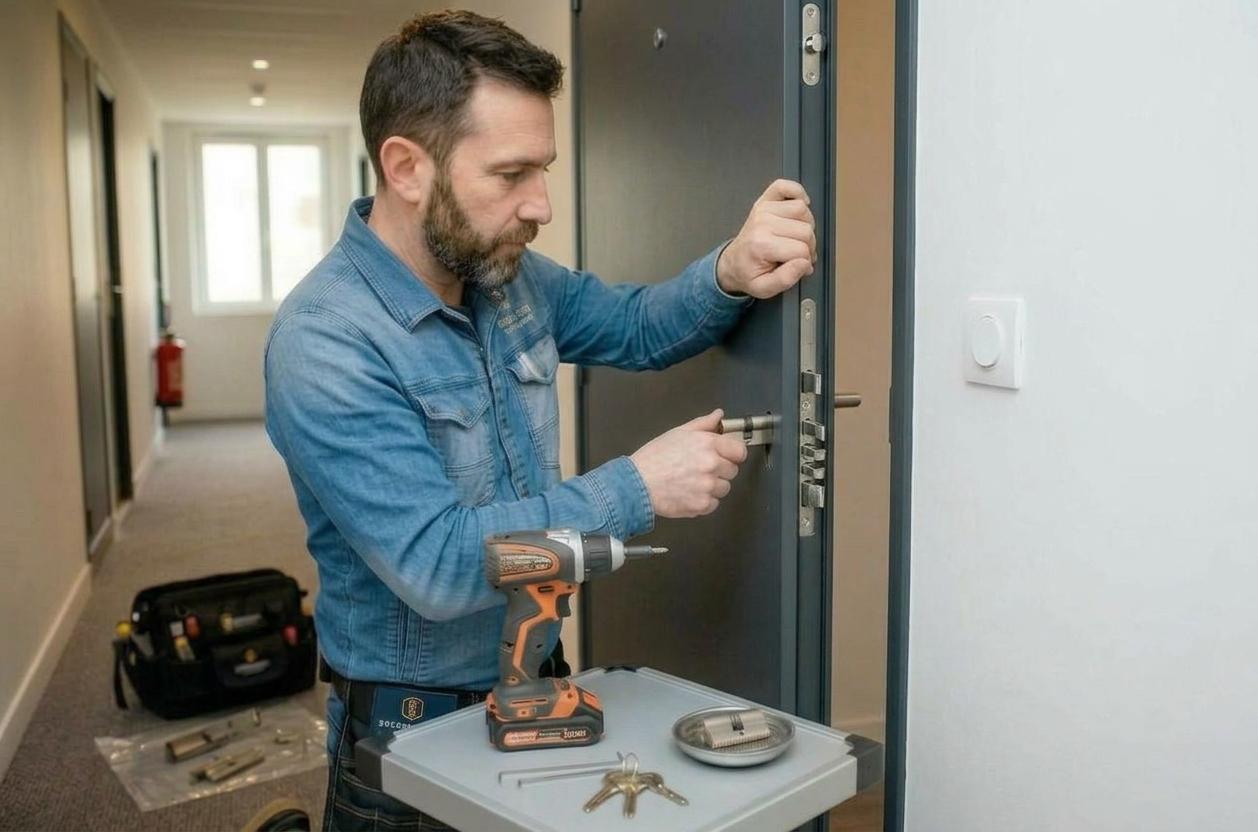 Serrurier remplaçant une serrure multipoints sur une porte d'appartement à Rennes